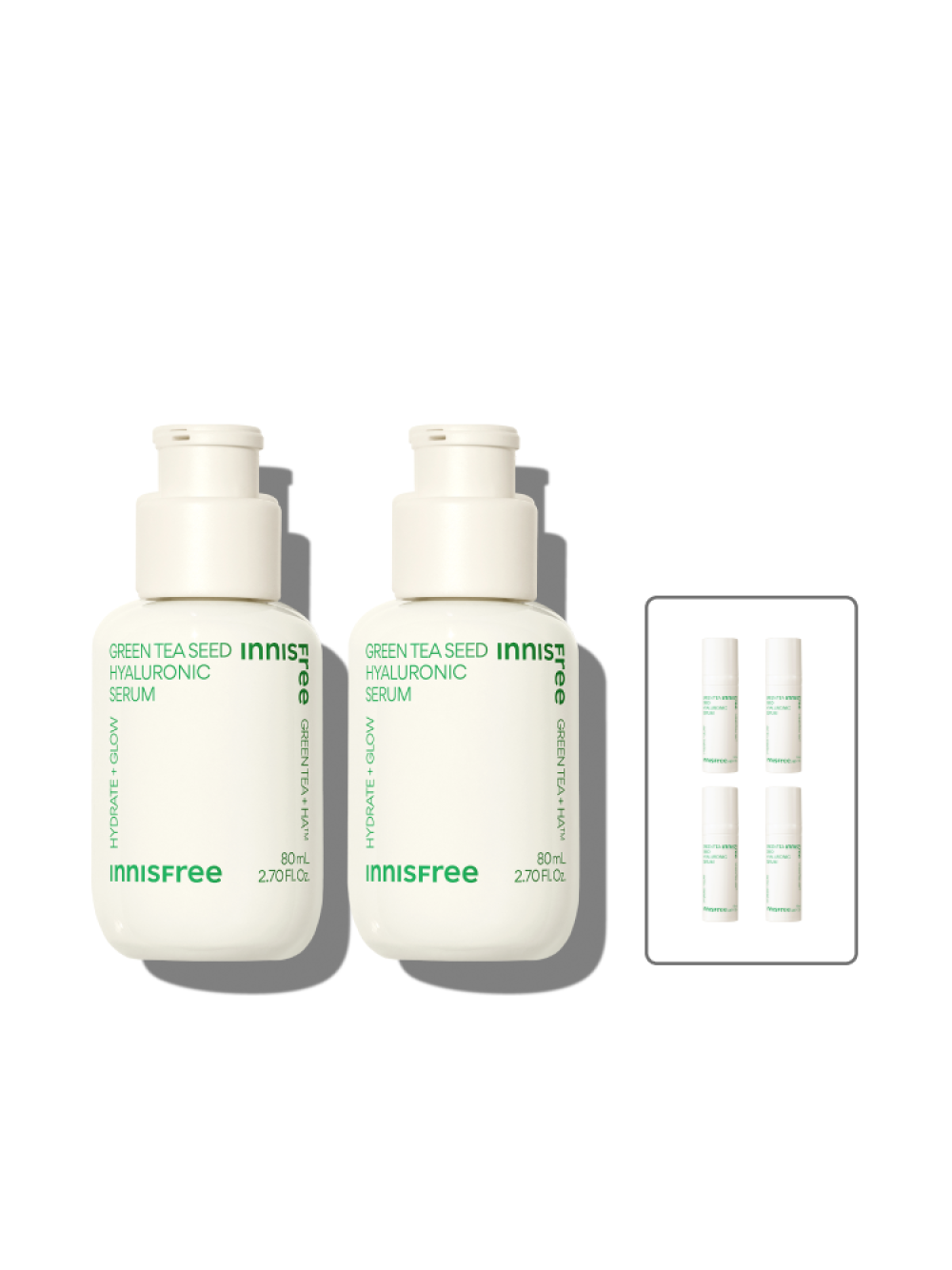 이니스프리 그린티 씨드 히알루론산 세럼 듀오 (80mL+80mL) - 속건조전용세럼, 순간흡수텍스쳐, 뷰티그린티, 나노캡슐히알루론산, 저자극, 비건인증