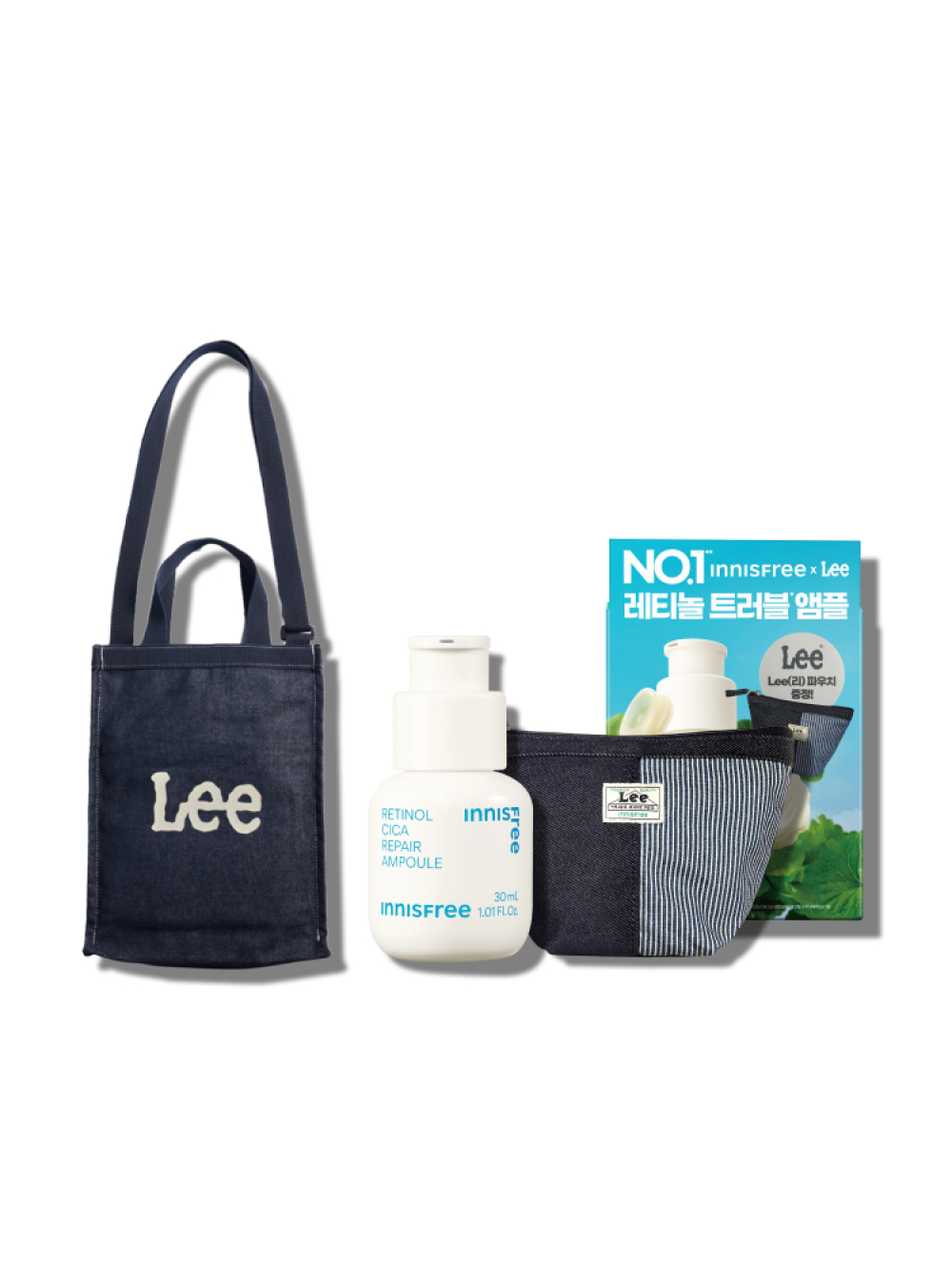 이니스프리 Lee 토트백 + 레티놀 시카 앰플 기획 30mL(Lee 파우치포함) - Lee 콜라보, 가방, 콜라보, 저자극레티놀시카앰플, 깐달걀피부결