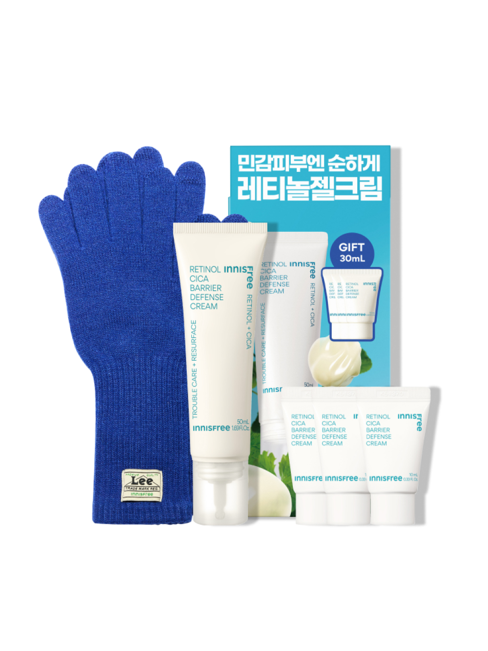 이니스프리 Lee 핑거홀 장갑 + 레티놀 시카 크림 50mL(크림30mL포함) - 트러블끝장케어, 피부방어력, 피부리페어, 피부진정, Lee, Lee 핑거홀 장갑